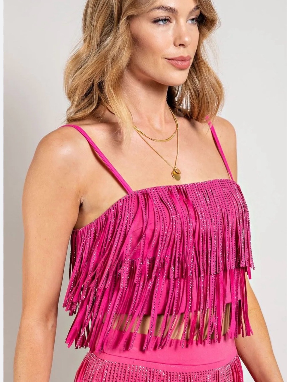 Women’s Pink Fringe Crop Top - Strappy Summer Style